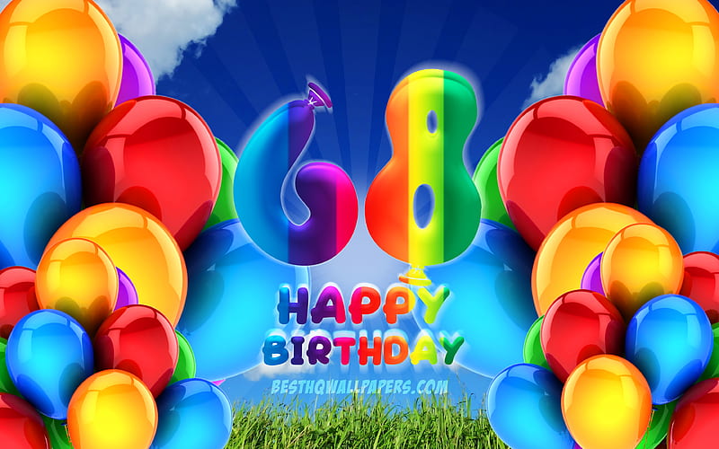 Happy 68 Years Birtay, cloudy sky background, Birtay Party, colorful ballons, Happy 68th birtay, artwork, 68th Birtay, Birtay concept, 68th Birtay Party, HD wallpaper