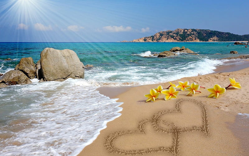 Love, romantic, romance, plumeria, corazones, sea, beach, sand, heart, sunshine, HD wallpaper
