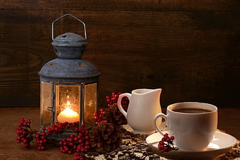 Hot Coffee cup on a frosty winter day window background