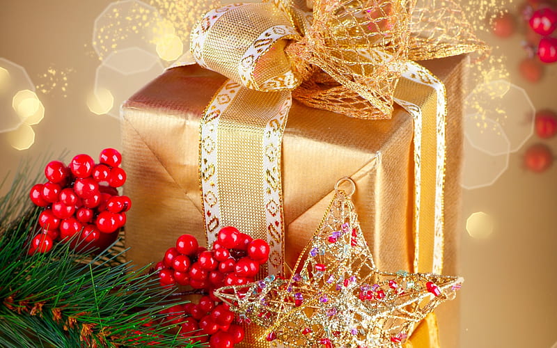 Christmas, New Year's gift, gold box, Christmas balls, HD wallpaper