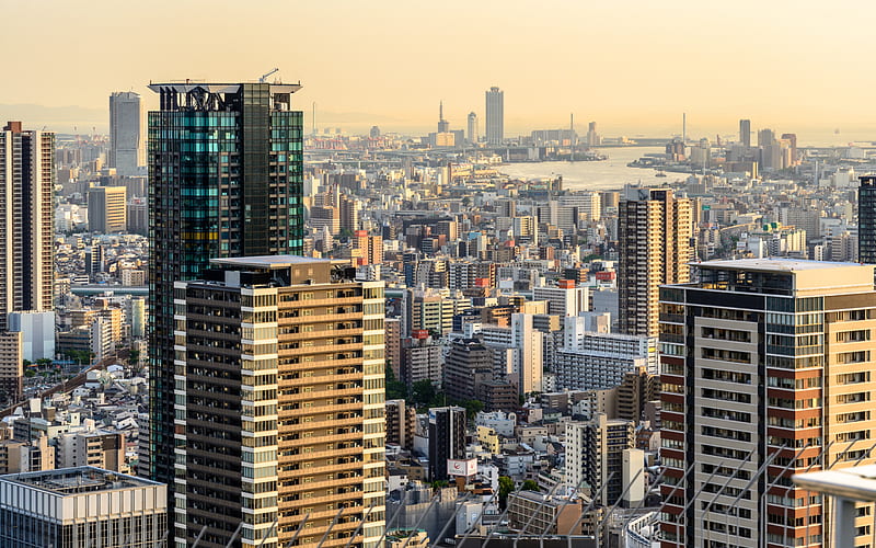 Osaka, evening, sunset, skyscrapers, metropolis, modern buildings, Osaka cityscape, japan, HD wallpaper