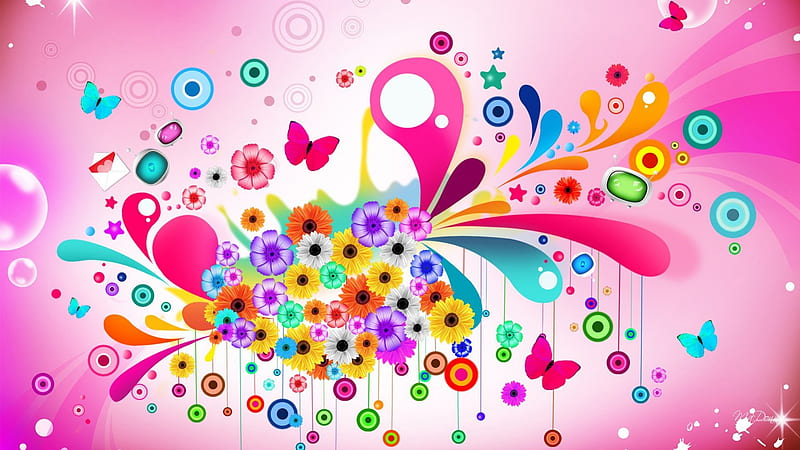 Flower Explosion, stars, buttons, colorful, flowers, targets, swirls, abstract, turquoise, butterfly, bright, papillon, aqua, flowers, nature, explosivie, pink, HD wallpaper