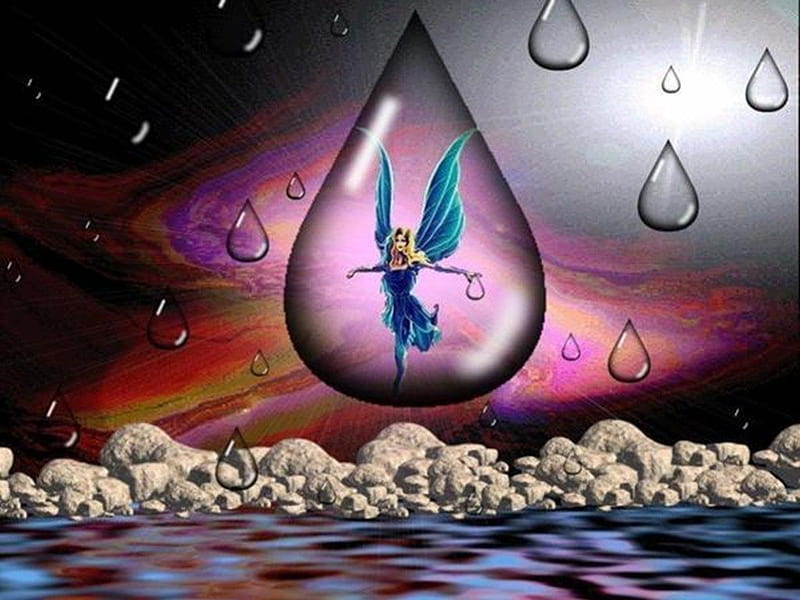 Fairy in raindrop, raindrop, rock, lake, fairy, blue, coloured background, light, HD wallpaper