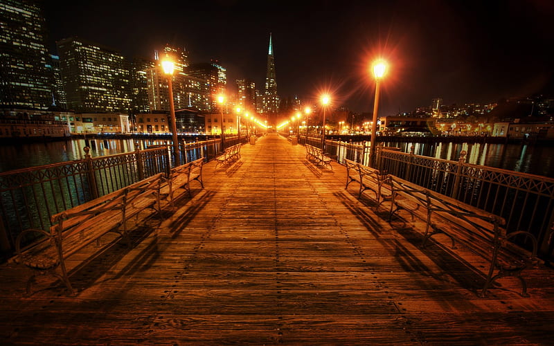 fantastic wooden pier in frisco at night, city, waterfront, lamps, pier, night, HD wallpaper