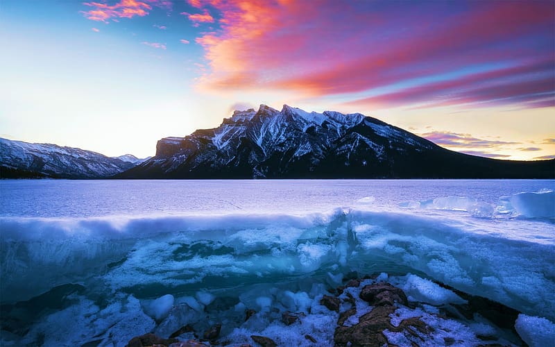 The Frozen Shoreline Of Lake Lake Minnewanka, Banff National Park, Canada, clouds, sky, sunset, ice, colors, HD wallpaper