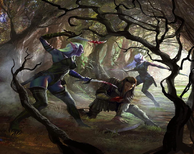 Dark Elves Attack, dark elves, fantasy, human, woods, HD wallpaper