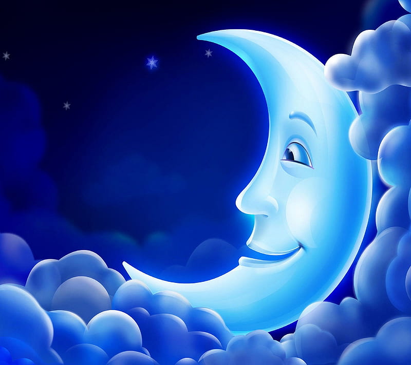 - Cute Moon, blue, clouds, good noght, sky, HD wallpaper