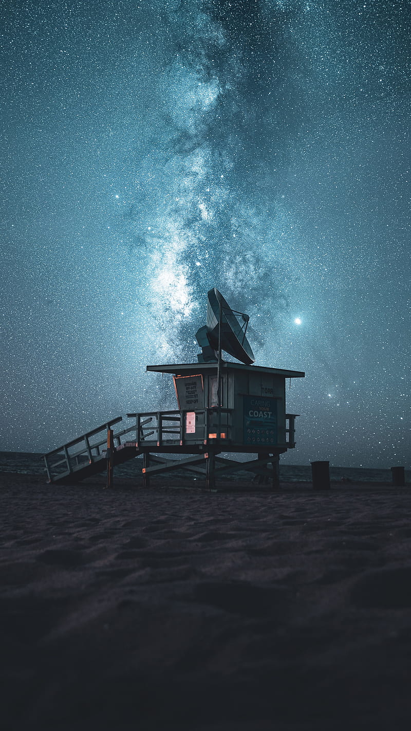 space lover, beach, gazing, lonely, milkyway, night, starry, stars, telescope, HD phone wallpaper