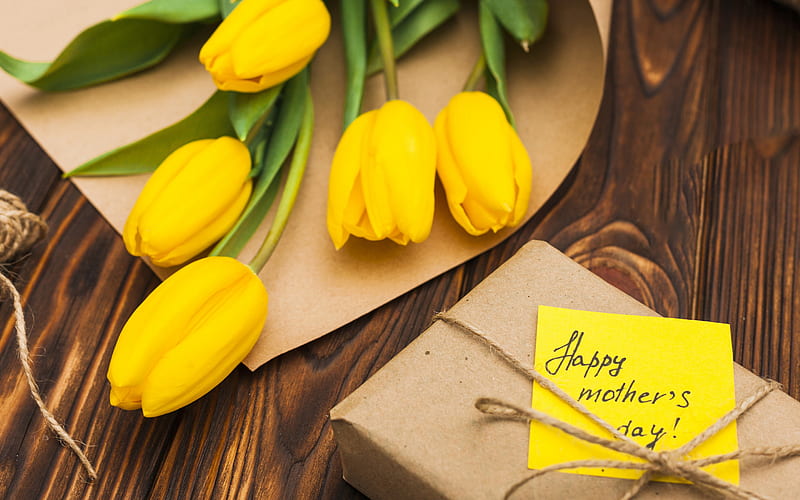 Happy Mothers Day, yellow tulips, congratulations, International Mothers Day, flowers of respect, tulips, HD wallpaper