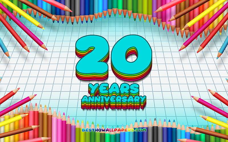 20th anniversary sign, colorful pencils frame, Anniversary concept, blue checkered background, 20th anniversary, creative, 20 Years Anniversary, HD wallpaper