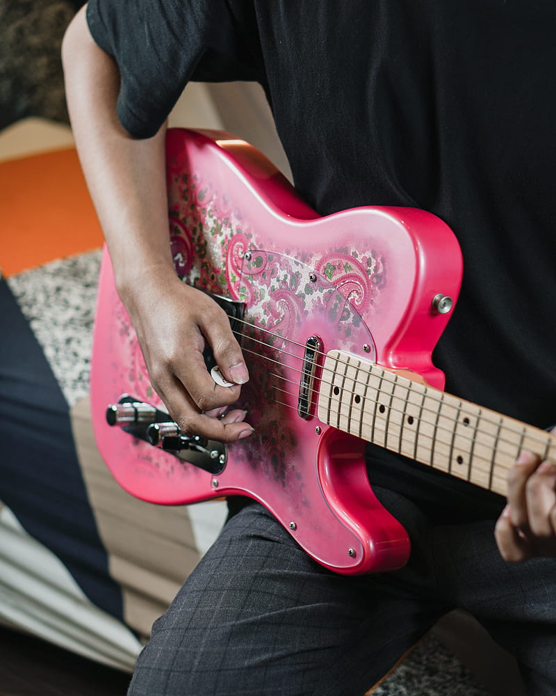 electric guitar, guitar, guitarist, music, pink, HD phone wallpaper