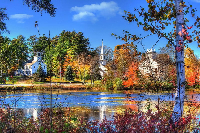 Marlowe, New Hampshire, trees, fall, Churches, autumn, leaves, colors, river, HD wallpaper