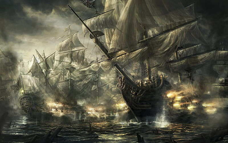 Pirate Ship Battle, enemy action, cg, rado javor, digital art, pirate, sea, wreck, fantasy, art, guerra, ocean, concpet art, adventure, fire, battle, ship, sailboat, HD wallpaper