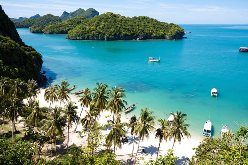Koh Samui, Thailand, islands, ocean, samui, sky, thailand, beach, boats, water, green, koh, nature, blue, HD wallpaper