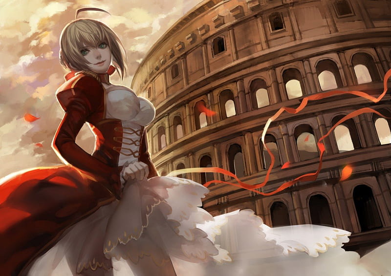 Saber Nero, saber, female, dress, green eyes, fate stay night, coliseum, girl, anime, lone, fate extra, HD wallpaper