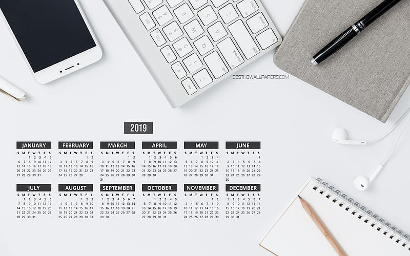 Gray Business Calendar 2019 business composition, 2019 Yearly Calendar, keyboard, smartphone, Gray Calendar 2019, Calendar 2019, gray background, Year 2019 Calendar, 2019 calendars, 2019 calendar, HD wallpaper