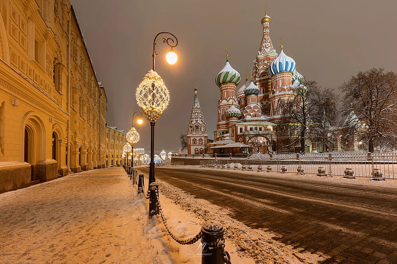 Red Square, city, cityscape, kremlin, moscow, night, russia, snowy, street, winter, HD wallpaper
