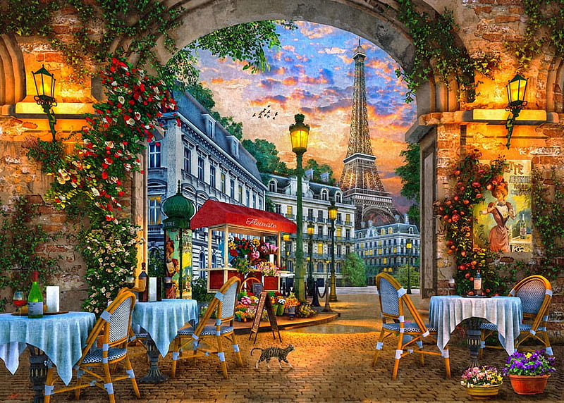 Paris Summer Sunset, restaurant, eiffel tower, houses, flowers, chairs, cat, tables, lanterns, artwork, digital, HD wallpaper