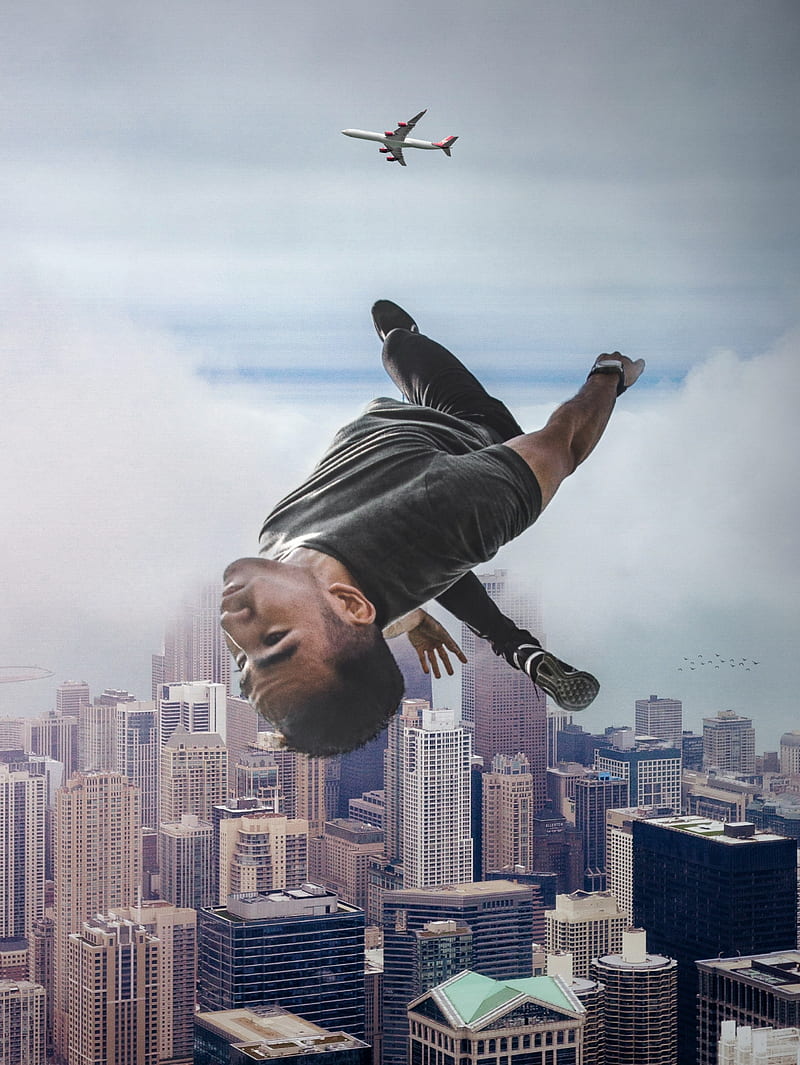 Sky Fall, GEN_Z__, Sky, adventure, adventurer, airplane, blue, brave, buildings, care, city, clouds, collage, courage, danger, digital, digitalmanipulation, falling, falling from the sky, gray, jumping from an airplane, manipulation, skyscraper, unconscious, young, youth, HD phone wallpaper