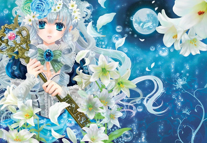 Key of Fantasia, pretty, white hair, adorable, magic, women, sweet, floral, love, anime, flowers, beauty, anime girl, gems, jewel, long hair, lovely, gown, amour, key, broach, jewelry, cute, water, maiden, dress, divine, adore, bonito, sublime, woman, gmstone, moon, blossom, hot, blue eyes, blue, gorgeous, female, bubble, exquisite, kawaii, girl, flower, precious, magical, silver hair, lady, angelic, HD wallpaper