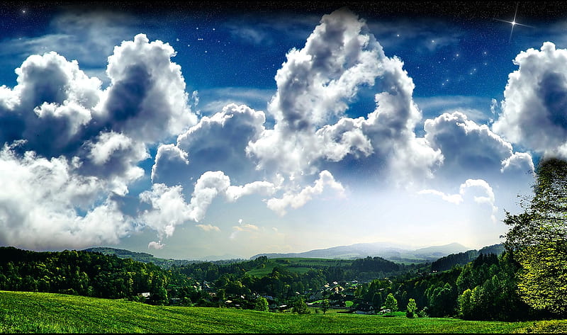 Hilltop View, cool, clouds, green, blue, HD wallpaper