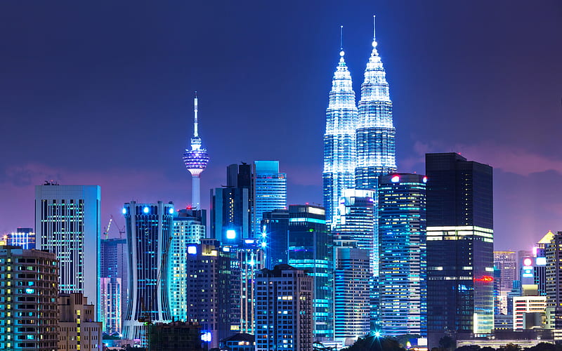 Kuala Lumpur, Menara KL skyscrapers, night, Petronas Towers, modern architecture, Asia, capital, Malaysia, HD wallpaper