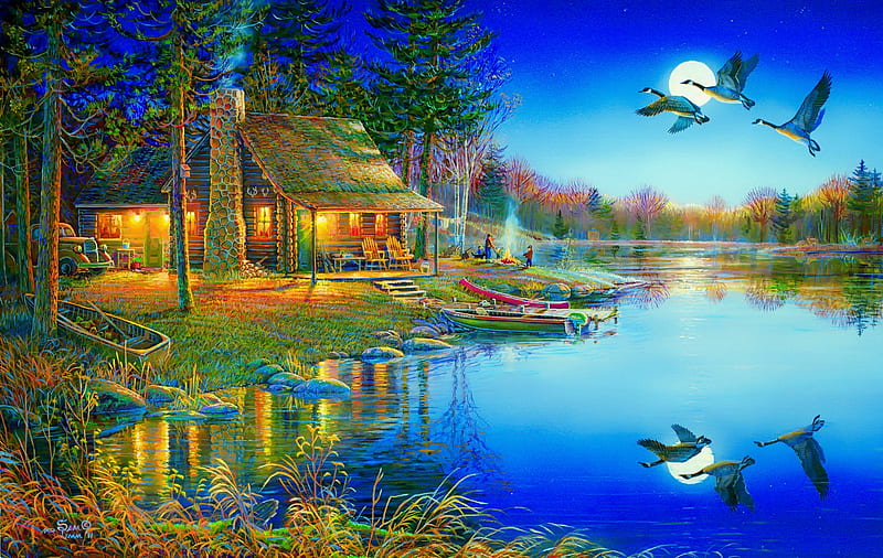 The good life, rest, art, house, life, cottage, bonito, fun, lake, countryside, tranquil, serenity, good, peaceful, reflection, fishing, HD wallpaper