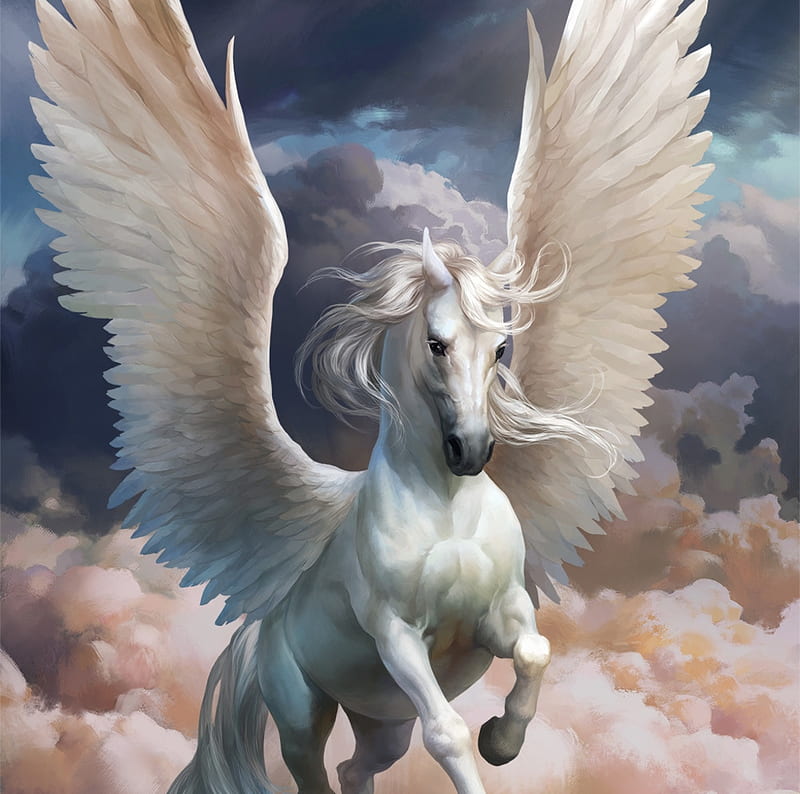 Pegasus, fantasy, cloud, wings, luminos, feather, grafit studio, white, HD wallpaper