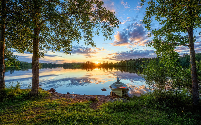 Finland, sunset, lake, forest, summer, beautiful nature, Europe, HD wallpaper