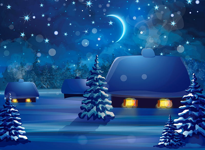 Winter village, stars, pretty, art, cottage, christmas, holiday, bonito, winter, moon, snow, snowflakes, snowfall, village, evening, HD wallpaper
