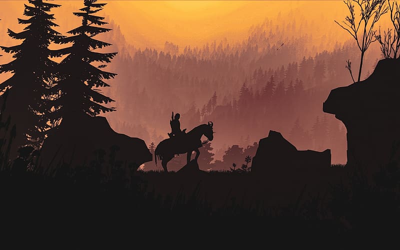 The Witcher 3 Wild Hunt, horse, geralt, fantasy, man, game, vector, silhouette, night, black, orange, HD wallpaper