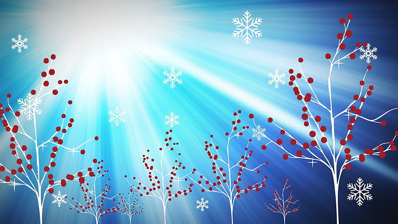 Winter sun, red, sun, christmas, by cehenot, winter, tree, berry, snowflakes, white, blue, vector, HD wallpaper