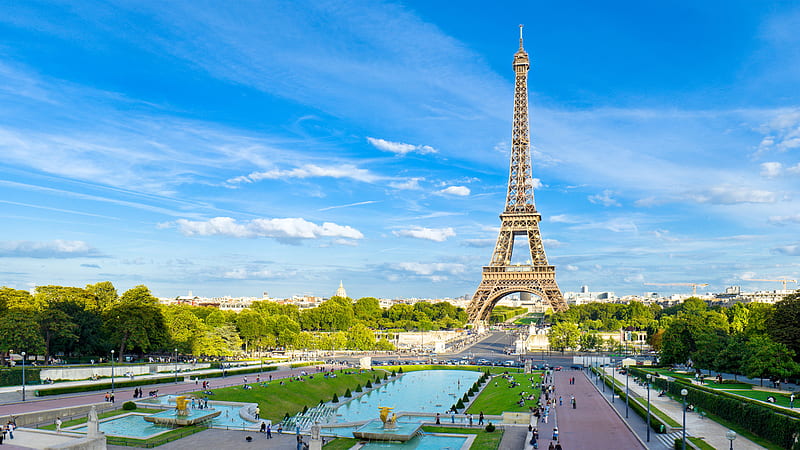 Eiffel Tower, architecture, colorful, grass, fountains, monuments, torre eiffel, paris, bonito, clouds, city, statues, green, tower, people, love, streets, eiffel, road, tour eiffel, lanterns, view, colors, park, sky, trees, carros, water, france, city-eiffel, alley, HD wallpaper