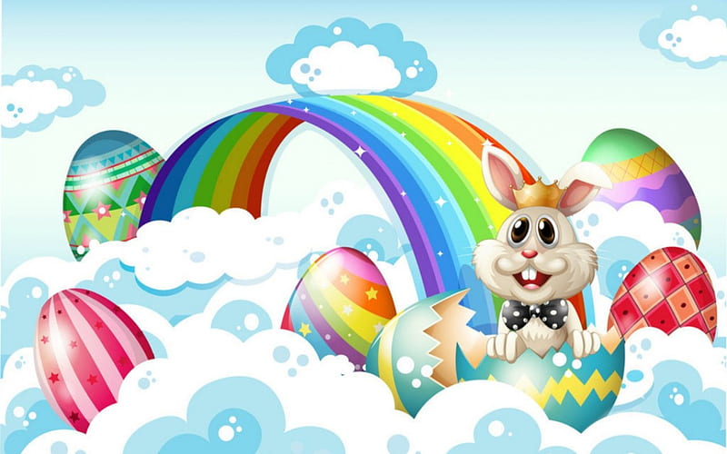 Easter Time, eggs, bunny, easter, rainbow, HD wallpaper