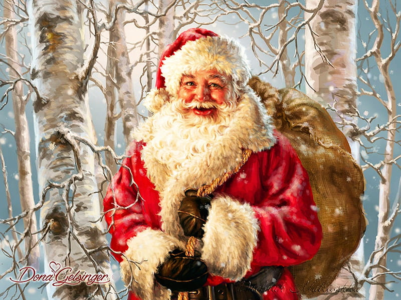 Santa Claus, arwork, christmas, snow, painting, bag, trees, xmas, winter, HD wallpaper