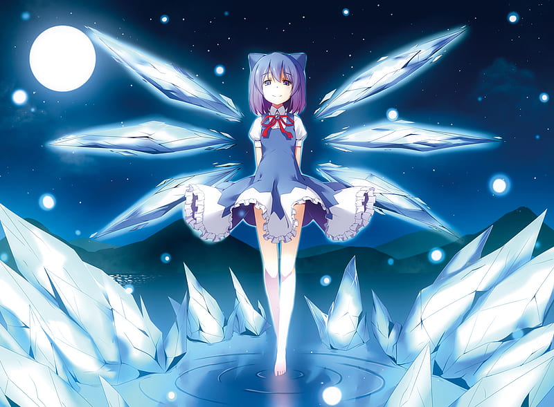 zing the Night, cirno, mountain, gradient hair, anime, touhou, reflection, star, d2c, wings, ribbon, purple hair, skirt, short hair, water, snow, ice, starry sky, dress, night sky, neck ribbon, bow, ice wings, blue dress, moon, full moon, blue eyes, night, pixiv id 1146229, floating, smile, lake, blue hair, hair bow, dinyc, barefoot, HD wallpaper