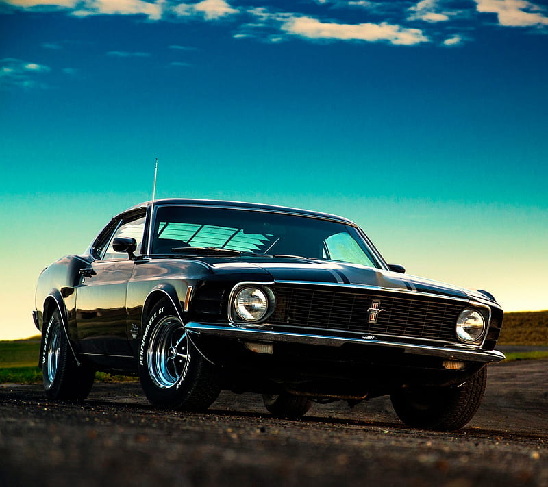 Ford Mustang, black, blue, classic car nature, sky, white, HD wallpaper