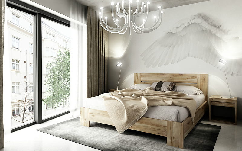 stylish bedroom interior, modern style, light wooden bed, wing painted on the wall, bedroom, modern interior design, HD wallpaper