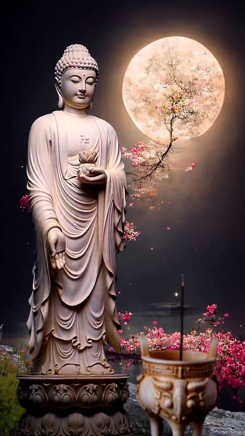 Mahatma Buddha, Moon Background, lord buddha white statue, HD phone wallpaper