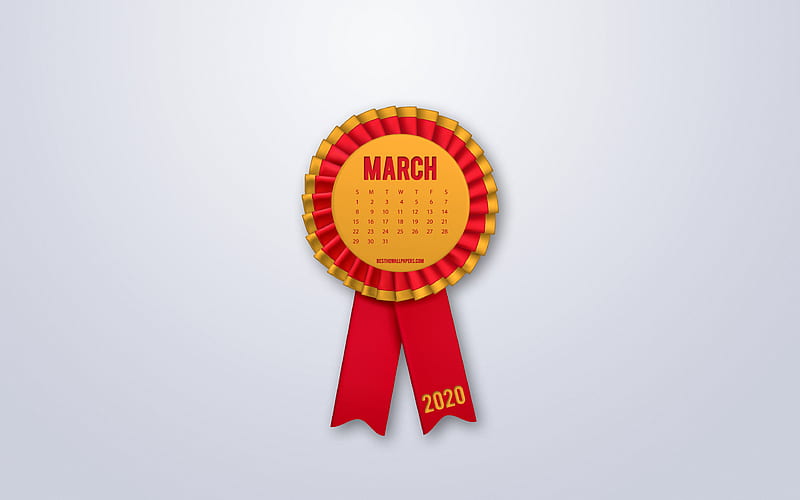 2020 March calendar, red silk ribbon sign, 2020 spring calendars, March, silk badge, gray background, March 2020 Calendar, HD wallpaper