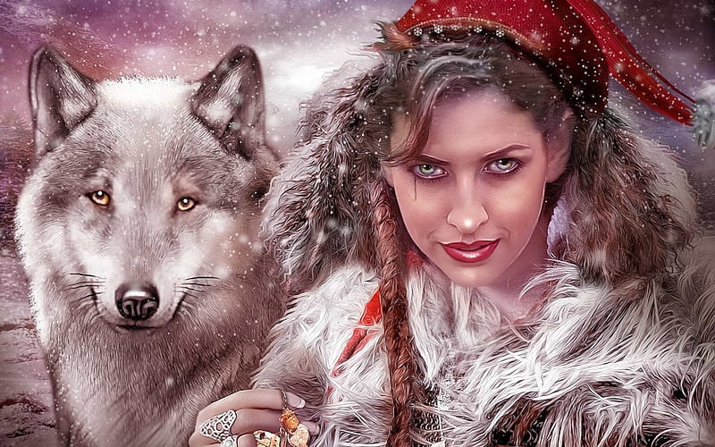little red riding hood, art, fantasy, wolf, HD wallpaper
