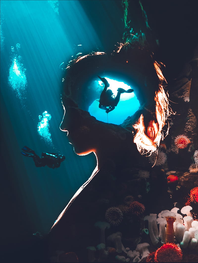 Seabed Woman, GEN_Z__, adventure, adventurers, algae, blue, brown, bubbles, cavity, collage, coral, digital, digitalmanipulation, discovery, divers, diving, exploration, green, hair, hole, light, nature, ocean, manipulation, red, rocks, sea, shadow, silhouette, sun, HD phone wallpaper
