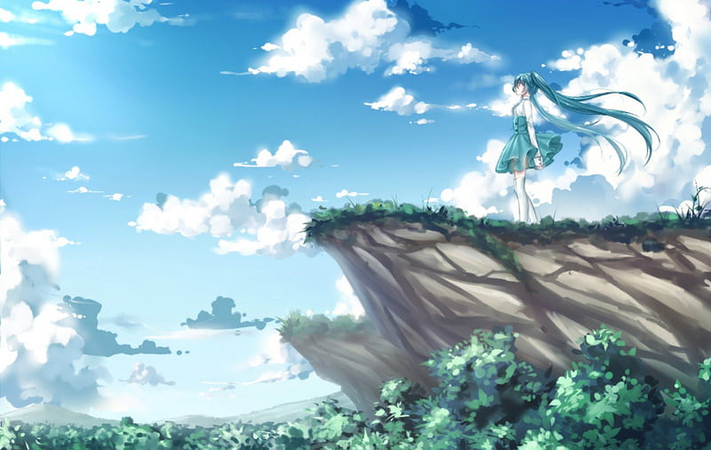 Hatsune Miku, cg, nice, aqua, anime girl, cliff, art, overseeing, twintail, singer, aqua eyes, hatsune, mountains, digital, white, idol, artistic, bonito, white clouds, thighhighs, mystic, program, green, painting, blue, forest, horizon, music, leggings, song, stockings, air, virtual, blue sky, pretty, stunning, thigh highs, clouds, foliage, anime, beauty, vocaloids, black, miku, trees, sky, cute, cool, awesome, landscape, colorful, dress, brown, woods, twin tail, vocaloid, amazing, fantastic, diva, range, girl, plants, standing, aqua hair, outdoor, HD wallpaper