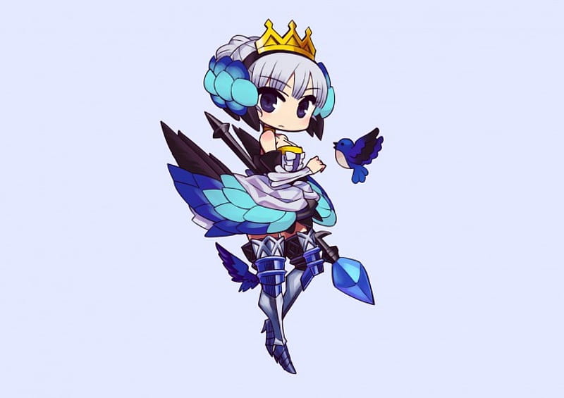 Gwendolyn the Valkyrie Princess, wings, cute girl, pretty girl, game, valkyrie, short hair, gwendolyn, bird, anime, spear, crown, silver hair, princess, HD wallpaper