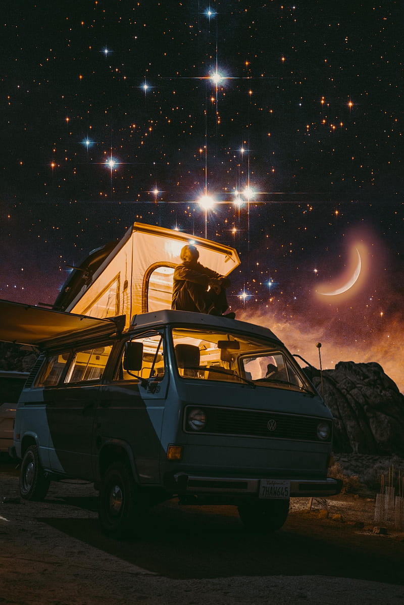 In van under the stars, GEN_Z__, In, alone, black, camper, camping, collage, cosmos, crescent moon, digital, digital-manipulation, dream, dreamer, galaxy, light, magical, moon, night, poetic, space, starry night, stars, truck, van, yellow, HD phone wallpaper
