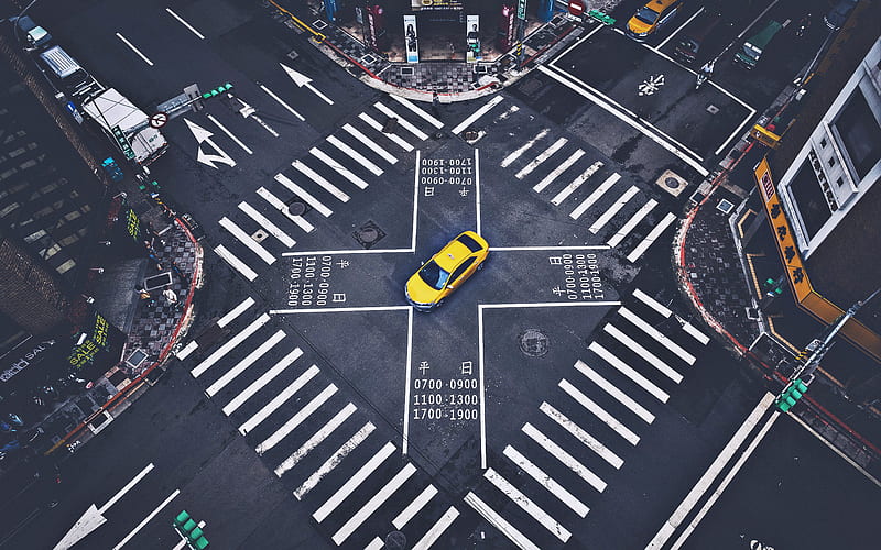 Tokyo, crossroads, japanese cities, yellow taxi, japan, Asia, roads in Tokyo, HD wallpaper
