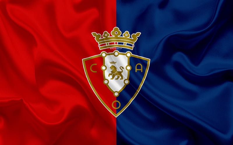 CA Osasuna silk texture, Spanish football club, logo, emblem, blue red flag, Segunda, Division B, LaLiga2, Pamplona, Spain, football, Osasuna FC, HD wallpaper