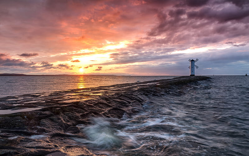 sunset, seascape, evening, sea, waves, lighthouse, Poland, Baltic Sea, HD wallpaper