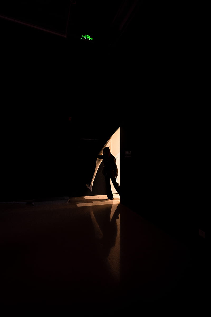 man, silhouette, exit, light, darkness, HD phone wallpaper