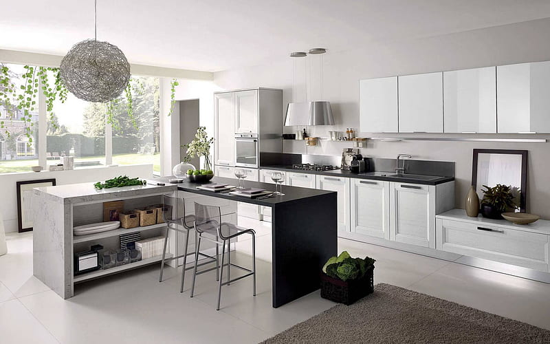 modern design of the kitchen, stylish accessories, white kitchen, modern interior, creative chandelier, HD wallpaper